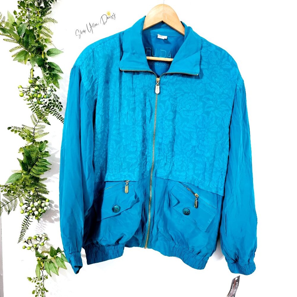 Vintage Fu Da Silk XL Teal Blue Silk Nylon Jacket Zip & Button Pockets ~JA106.13